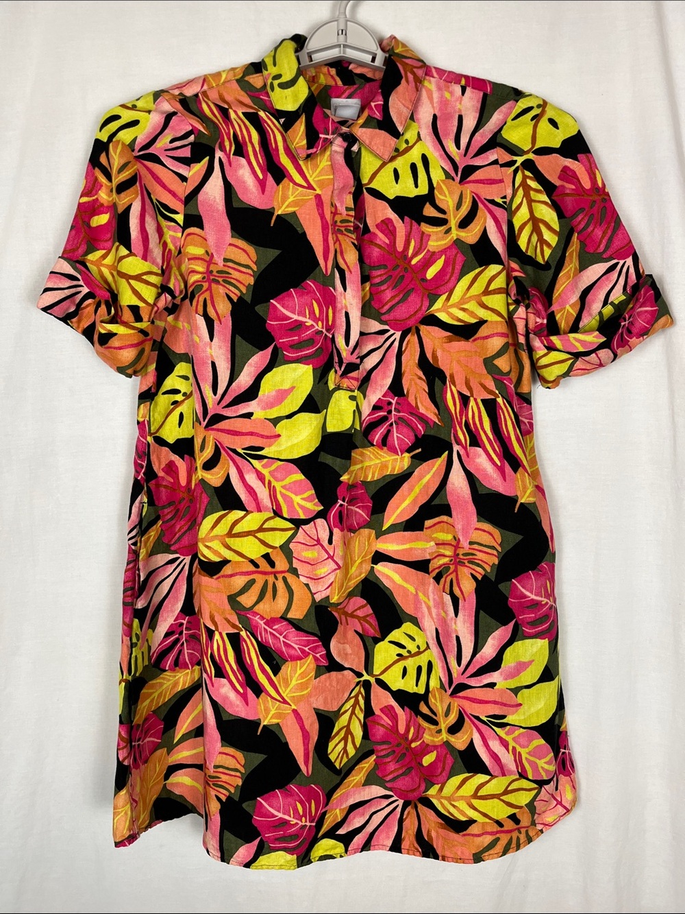 Chicos Bright 100% Linen Short Sleeve Tropical Floral Midi Dress
